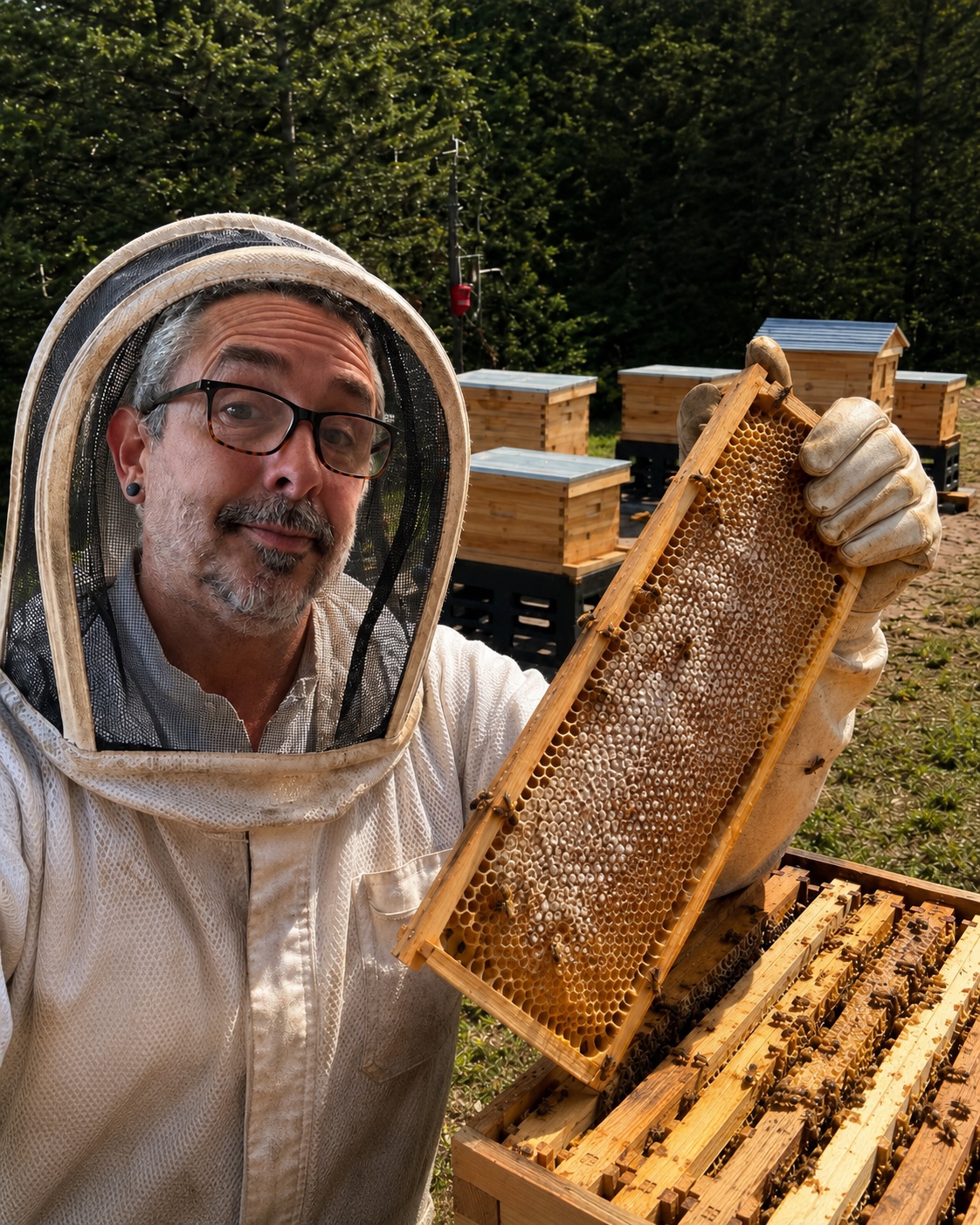 Honeycomb Poultry Patch beekeeper holding a honey frame beside the farm hives