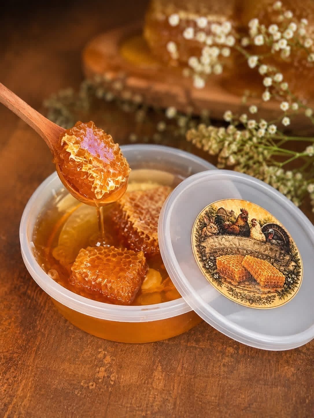 Honeycomb Poultry Patch cut comb honey served with a wooden spoon