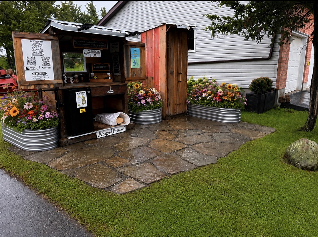 Honeycomb Poultry Patch self-serve farm stand surrounded by flowers